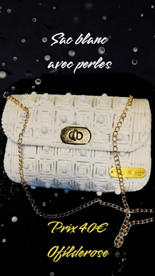 petit sac blanc canevas plastique perles brodé